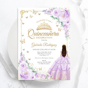 Lavendel Paarse Waterverf Rozen Gold Quinceanera Kaart