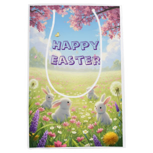 Lavendel Pasen Schattig Witte Konijn Bloemrijk Len Medium Cadeauzakje
