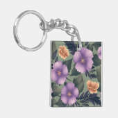 Lavendel & perzik bloemen op Olijfgroene achtergro Sleutelhanger (Voorkant Links)