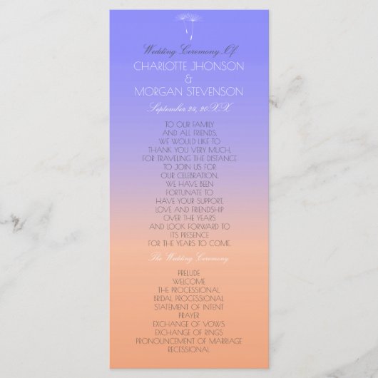 Lavendel perzik pastel ombre bruiloft programma (Voorkant)