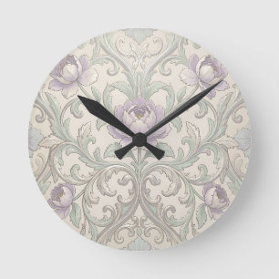 Lavendel Pioen Zilveren Scroll Ornate Bloemmotief Ronde Klok
