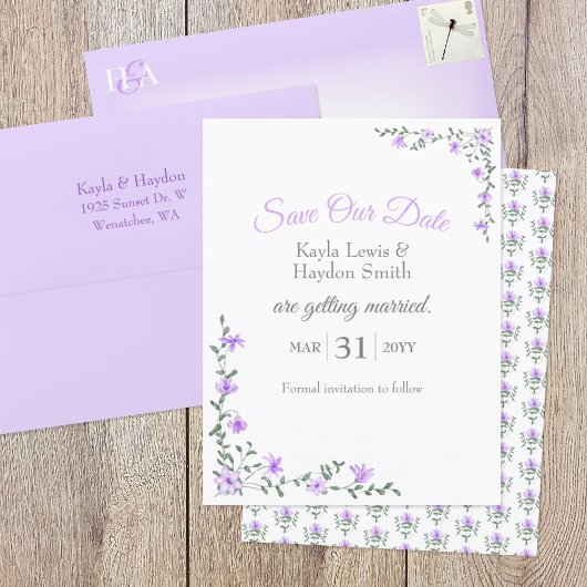 Lavendel Roos wijnstokken bruiloft Save Our Date Kaart