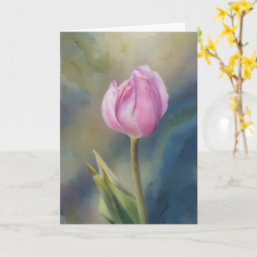 Lavendel Roze Tulp Bloem Art Note Kaart (Gele Bloem)