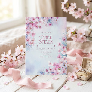 Lavendel Roze Waterverf Sakura Rand Bruiloft Kaart