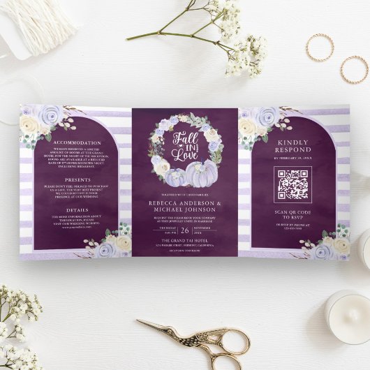 Lavendel Rozen Pompoen QR Code Pruim Bruiloft Drieluik Uitnodiging