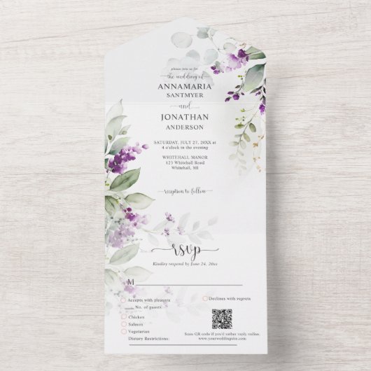 Lavendel Stems Greenery Wedding All In One Uitnodiging (Binnen)