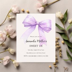 Lavendel strik crème Sweet 16 uitnodiging