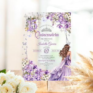 Lavendel Tiara Bloem Vlinders Quinceañera Acryl Uitnodigingen