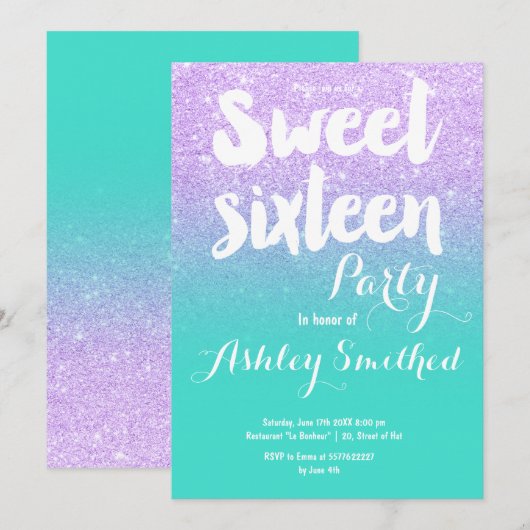 Lavendel turquoise glitter typografie Sweet 16 Kaart (Voorkant / Achterkant)