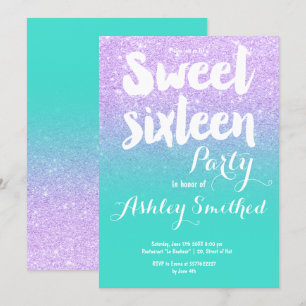 Lavendel turquoise glitter typografie Sweet 16 Kaart