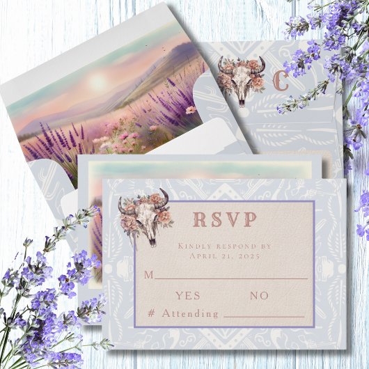 Lavendel Velden van Blauwe Westerne bruiloft RSVP Kaartje