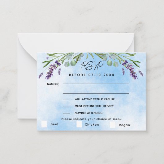 Lavendel violet blauw menu QR bruiloft reactie RSV (Voorkant)