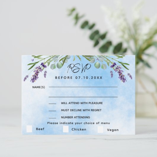 Lavendel violet blauw menu QR bruiloft RSVP reacti (Staand voorkant)