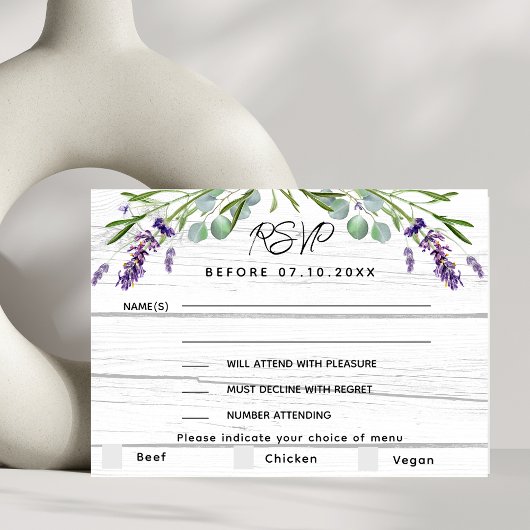 Lavendel violet hout menu bruiloft RSVP reactie