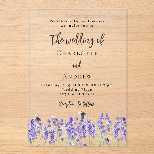 Lavendel violette bloemen bruiloft acryl uitnodigingen (Voorkant)