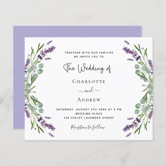 Lavendel violette bloemen budget bruiloft uitnodig (Voorkant / Achterkant)