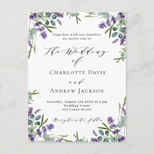 Lavendel violette bloemen groen bruiloft uitnodiging briefkaart (Voorkant)