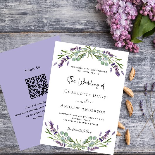 Lavendel violette bloemen QR code RSVP luxe bruilo Kaart