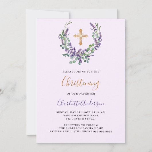 Lavendel violette bloemengar girl gouden doop kaart (Voorkant)