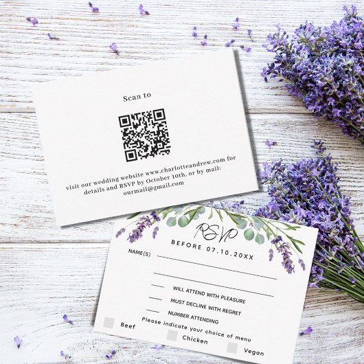 Lavendel violette bruiloft menu QR reactie RSVP