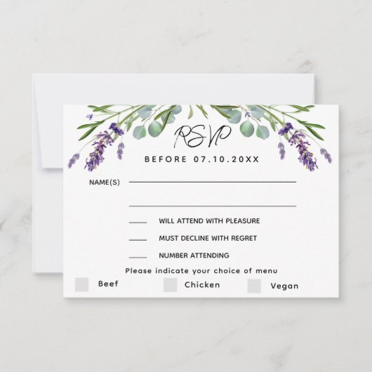 Lavendel violette bruiloft menu QR reactie RSVP ka (Voorkant)