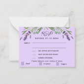 Lavendel violette bruiloft menu reactie RSVP (Voorkant)