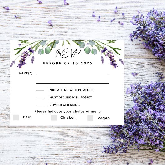 Lavendel violette bruiloft menu reactie RSVP-kaart