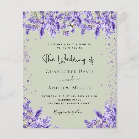 Lavendel violette groene bloemenbruiloft uitnodigi (Voorkant)