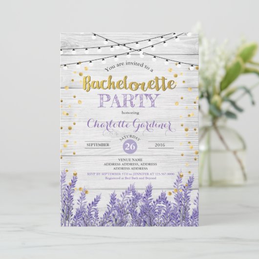 Lavendel vrijgezellenfeest uitnodiging rustiek hou (Staand voorkant)