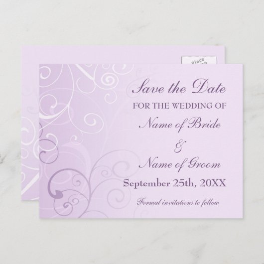 Lavendel Wervelingen Bewaar de datum bruiloft Brie Aankondigingskaart (Voorkant / Achterkant)