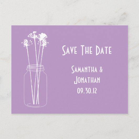 Lavendel White Mason Jar Wildflowers Bewaar de dat Aankondigingskaart (Voorkant)