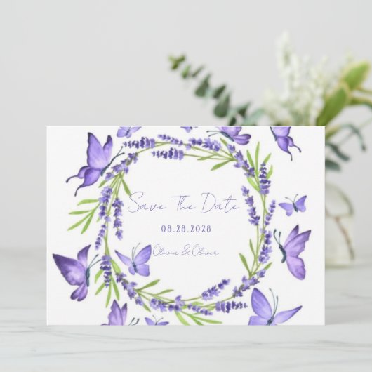 Lavendel Wisteria & Vlinders Save The Date (Staand voorkant)