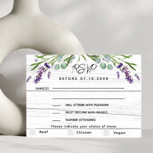 Lavendel wit hout bruiloft menu RSVP reactie