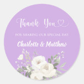 Lavendel witte bloemen hart dank u bruiloft ronde sticker (Voorkant)