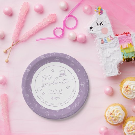 Lavendel Witte Hand Getrokken Afstudeerder Partij Papieren Bordje (Feest)