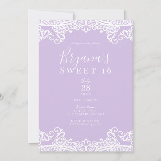 Lavendel & Witte Kant Elegant Sweet 16 Feest Kaart (Voorkant)