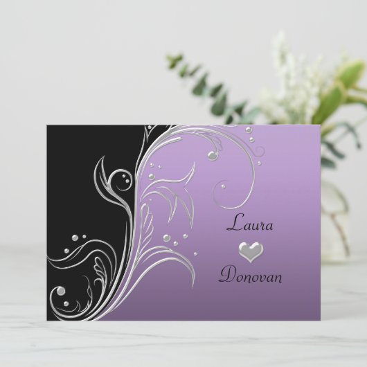 Lavendel Zilver Zwart Bloemige Krullen Ontvangst O Kaart (Staand voorkant)