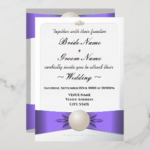 Lavendel & Zilveren Parel Lint Bruiloft & Receptie Folie Uitnodiging