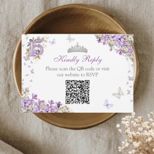 Lavendel Zilveren Tiara Bloem Butterfly Quinceañer RSVP Kaartje