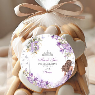Lavendel Zilveren Tiara Bloem Quinceañera Dank je Ronde Sticker