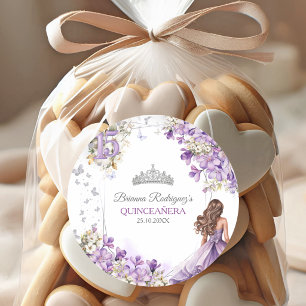 Lavendel Zilveren Tiara Bloem Vlinder Quinceañera Ronde Sticker