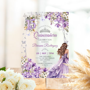 Lavendel Zilveren Tiara Bloemige Quinceañera Acryl Uitnodigingen