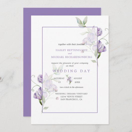 Lavendel zoete erwten bloemenbruiloft uitnodiging (Voorkant / Achterkant)