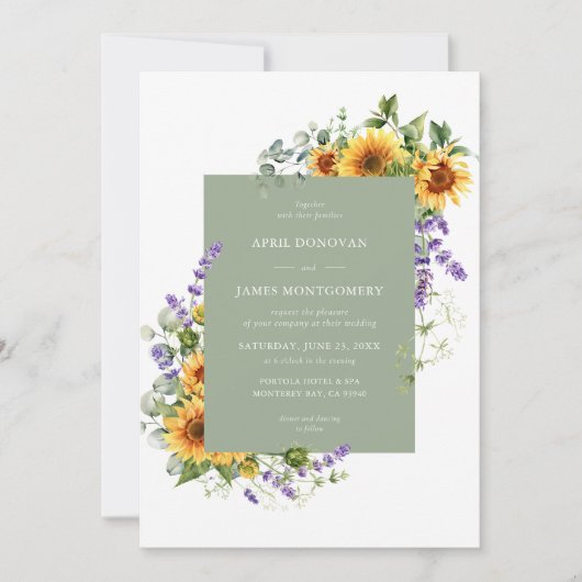 Lavendel Zonnebloem Bloemen Lijst Bruiloft Uitnodi Kaart (Voorkant)