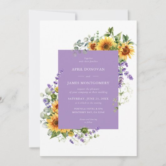 Lavendel Zonnebloem Bloemen Lijst Bruiloft Uitnodi Kaart (Voorkant)