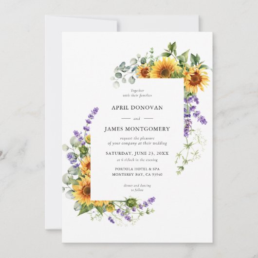 Lavendel Zonnebloem Bloemenframe Trouw Uitnodiging (Voorkant)
