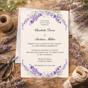 Lavendelbloemen champagnetint crèmekleurig bruilof kaart
