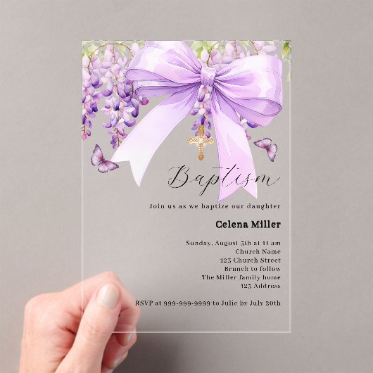 Lavendelboog bloemenmeisje Doop Acryl Uitnodigingen (Insitu (Draagbaar))