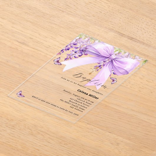 Lavendelboog bloemenmeisje Doop Acryl Uitnodigingen (Laagn)