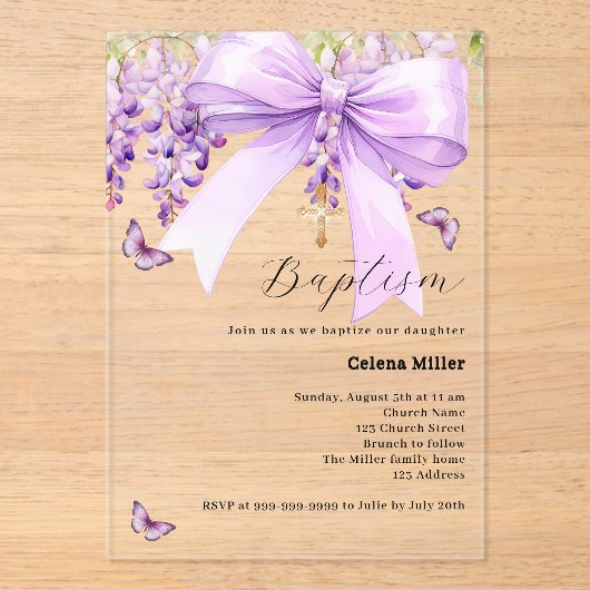 Lavendelboog bloemenmeisje Doop Acryl Uitnodigingen (Voorkant)